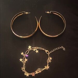 Gold Star Charm Bracelet and Hoop Earrings Set